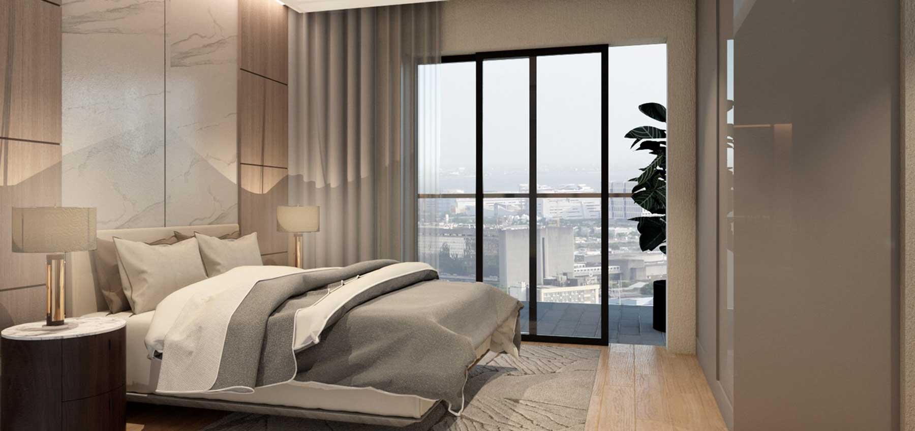 The Garden City bedroom, by WTA Architecture and Golden Bay Land Holdings, conceptualizes the interior design with compact luxury living in the urban city