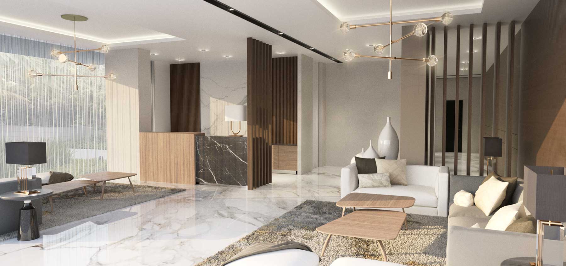 The Garden City lobby design, by WTA Architecture and Golden Bay Land Holdings, conceptualizes the interior design with luxury living in the urban city