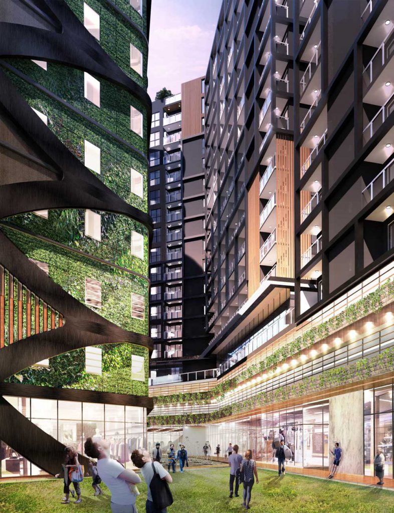 The Garden City, by WTA Architecture and Golden Bay Land Holdings, conceptualizes the use of open areas as gardens with vertically-stacked residential units with greenery hanging vertically through architectural elements.