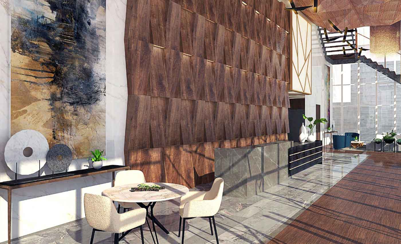 Interior design for the Grand Galleon Hotel Lobby features wooden texturized wall treatment.