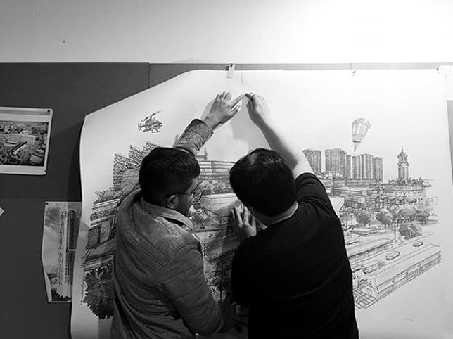 Black and White - Architects putting a poster on the board