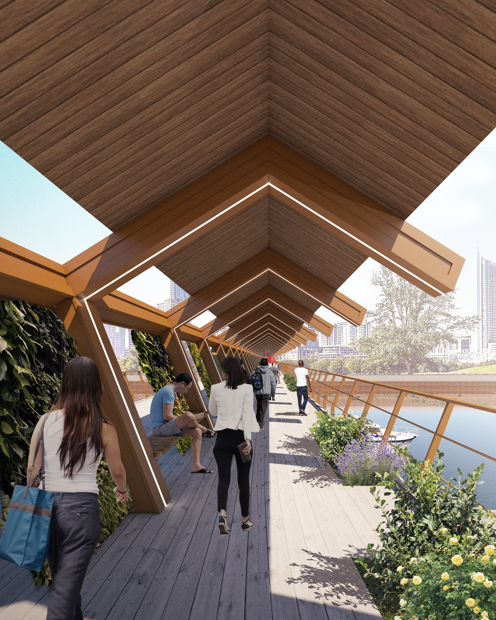 The Riverlane bridge's interior features a the use of recycled materials like wood plastic composite (WPC) panel boards along with green walls and planters.