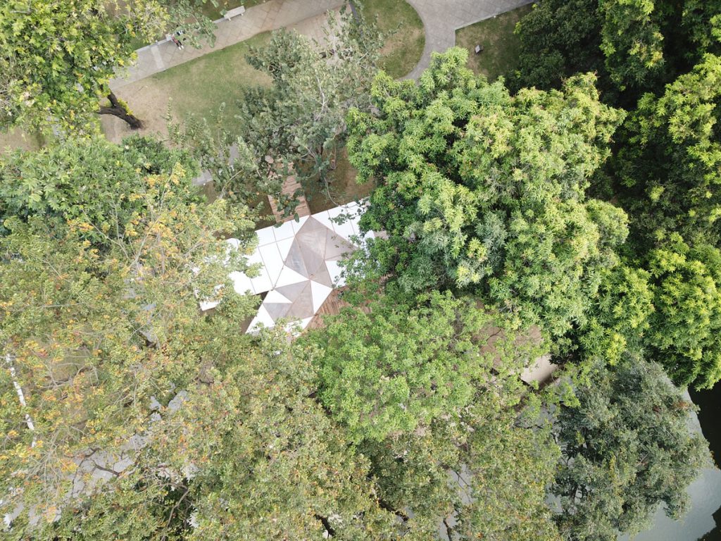 Aerial shot of the WTA x Boysen Anthology Pavilion under trees at Fort Santiago, Intramuros