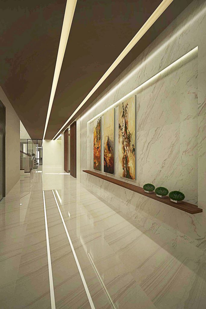hallway leading to the living room polished stone and strip lights modern futuristic residential