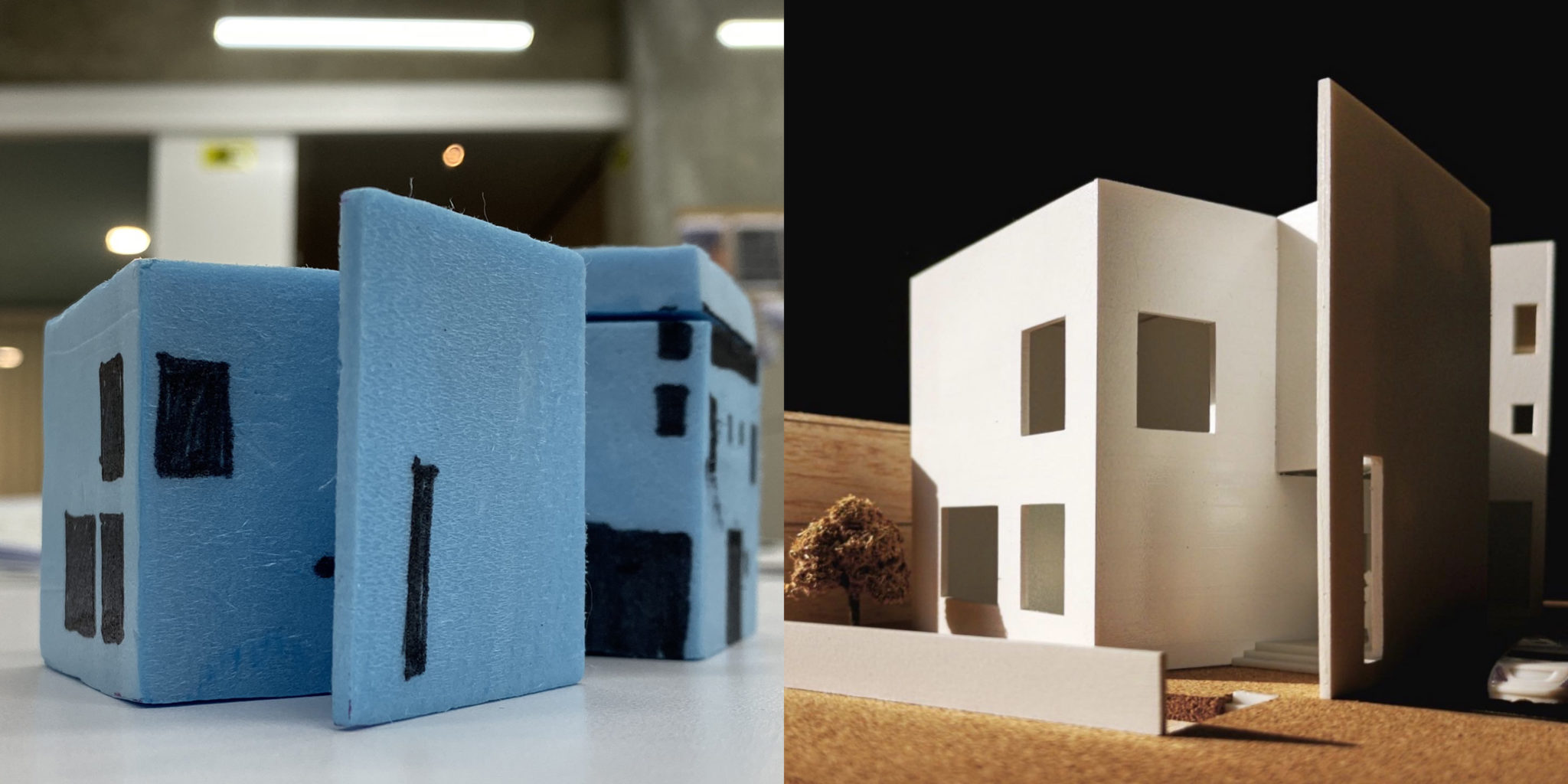 Massing and presentation model of a house using blue foam and bristol boards