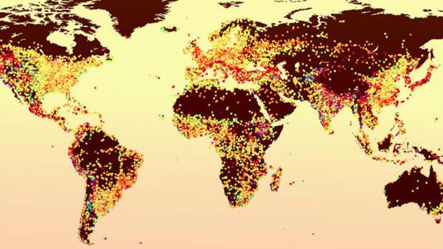 World map of the intensity of the urban heat island effect in 30,000 cities around the world from Eos. org