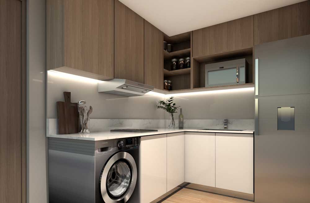 The Garden City compact kitchen design, by WTA Architecture and Golden Bay Land Holdings, conceptualizes the interior design with compact luxury living in the urban city