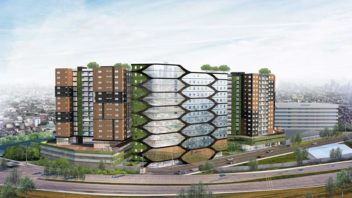 The Garden City, by WTA Architecture and Golden Bay Land Holdings, conceptualizes the use of open areas as gardens with vertically-stacked residential units with greenery hanging vertically through architectural elements.