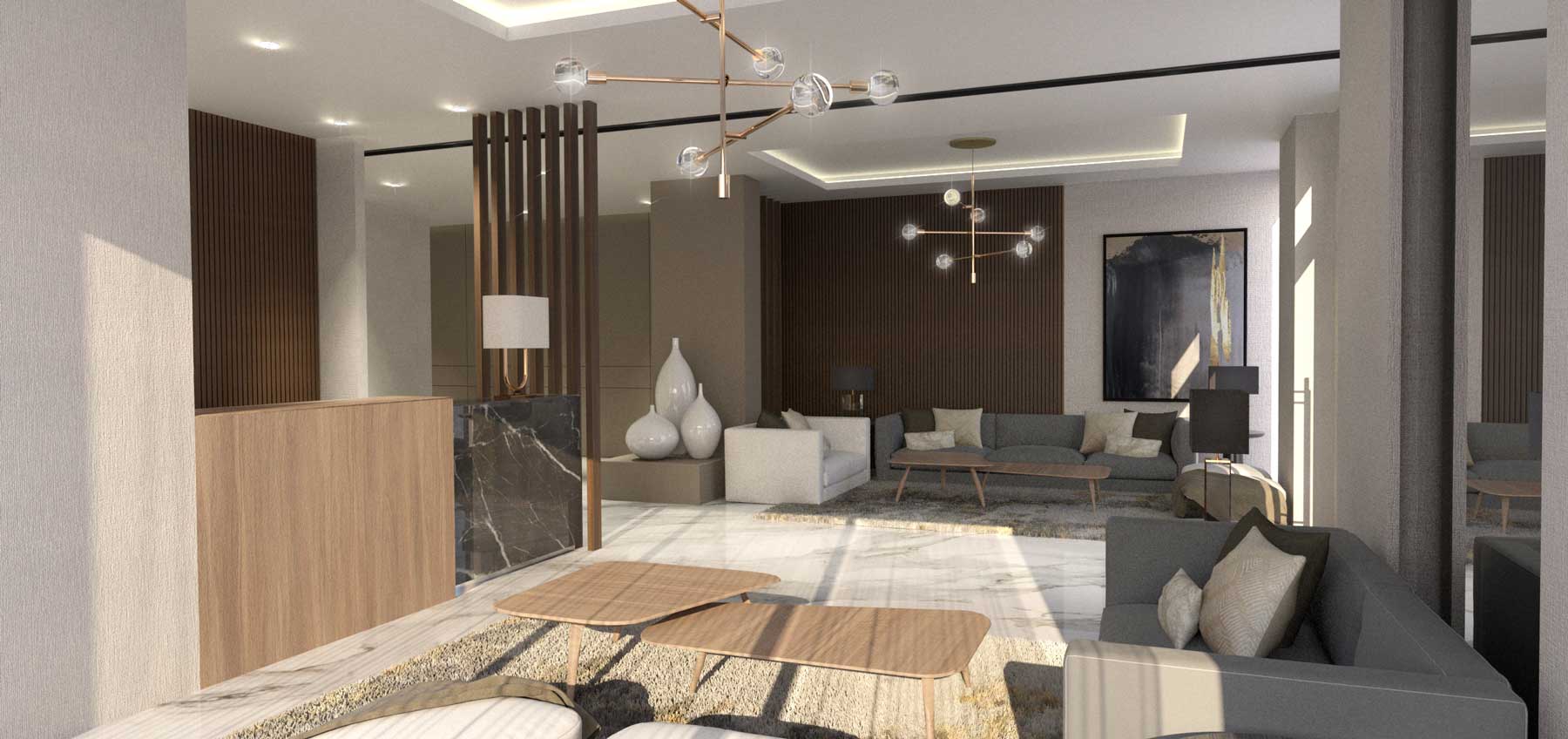 The Garden City lobby design, by WTA Architecture and Golden Bay Land Holdings, conceptualizes the interior design with luxury living in the urban city