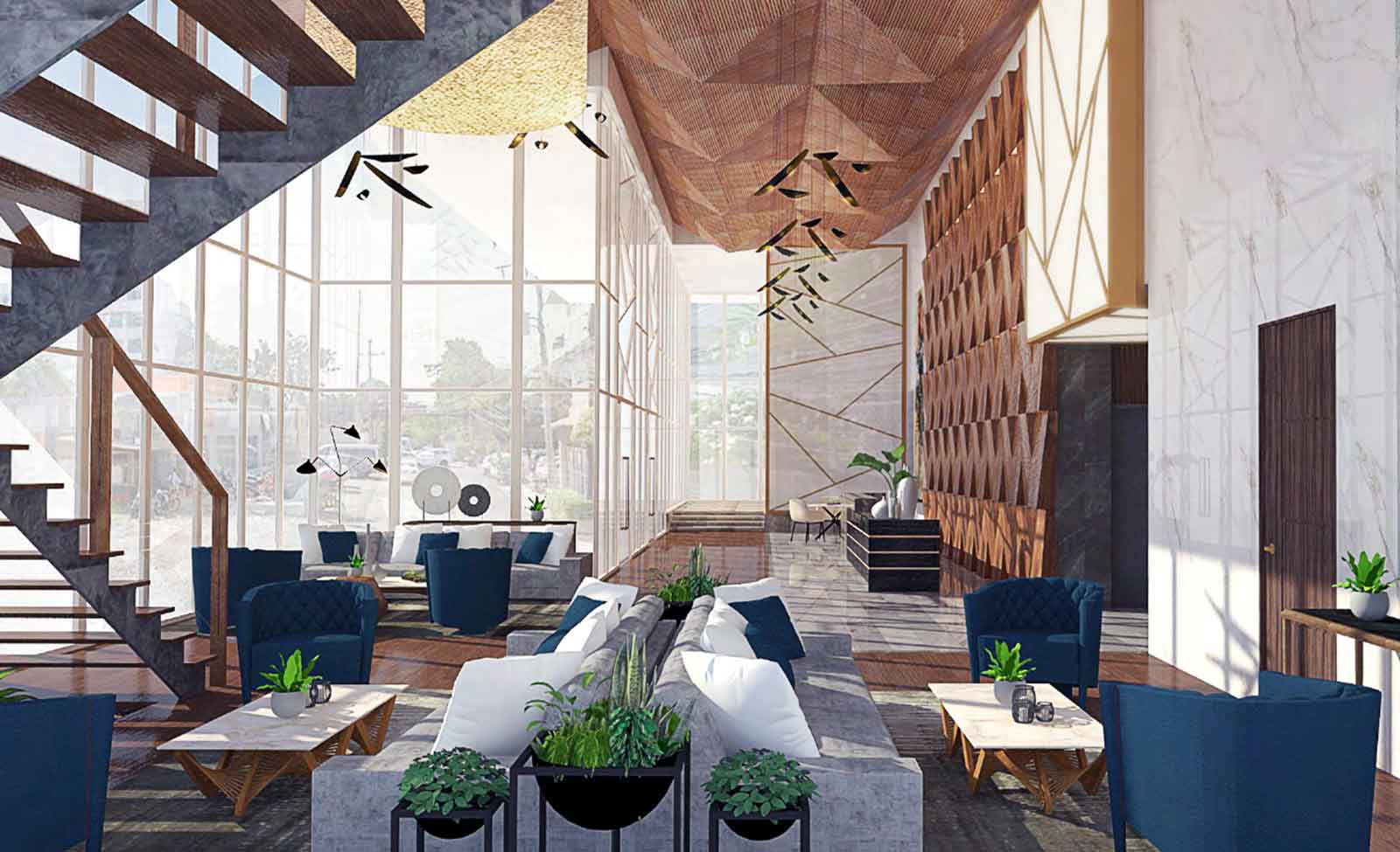 Interior design for the Grand Galleon Hotel Lobby features wooden texturized wall treatment and modern furniture.