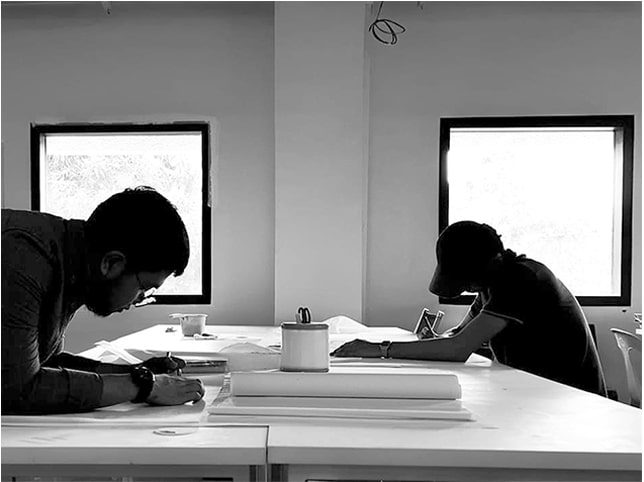 Black and White - Architects drafting on the table