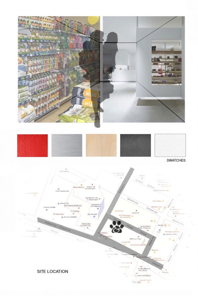 petopia concept board showing materials and site location