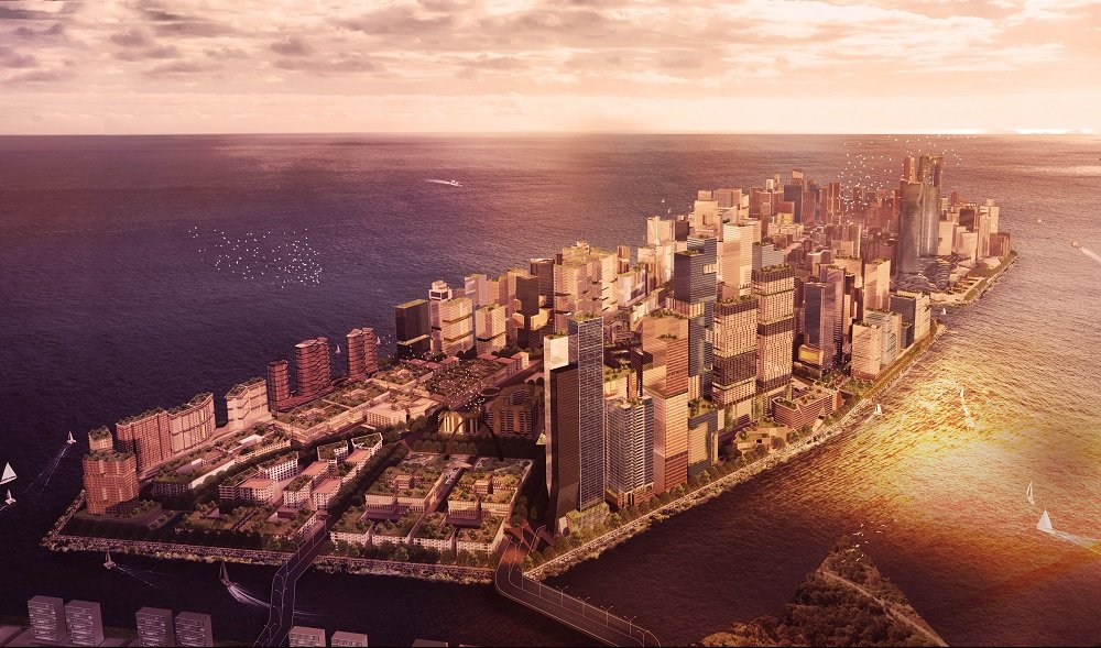Sunset Aerial View of New Horizon Manila, a reclamation project proposal along the coast of Manila Bay